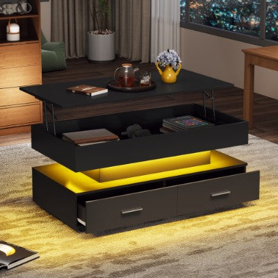 Hydraulic Lift Top Coffee Table, LED Coffee Tables With Storage For Living Room, Coffee Table With 2 Drawers & LED Light For Dining Reception Room, Black