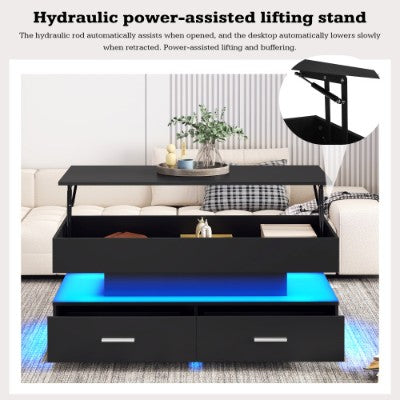 Hydraulic Lift Top Coffee Table, LED Coffee Tables With Storage For Living Room, Coffee Table With 2 Drawers & LED Light For Dining Reception Room, Black