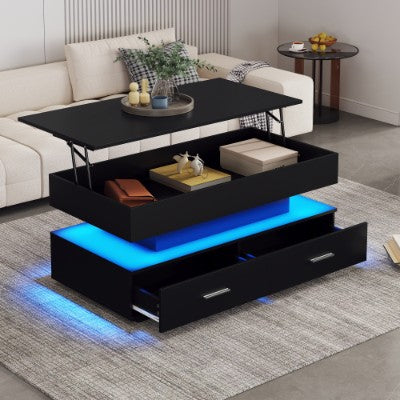 Hydraulic Lift Top Coffee Table, LED Coffee Tables With Storage For Living Room, Coffee Table With 2 Drawers & LED Light For Dining Reception Room, Black